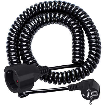 Schuko Earthing Spiral Extension Cord, H05VV-F 3G 1.5mm² Copper, 250V 16A Black